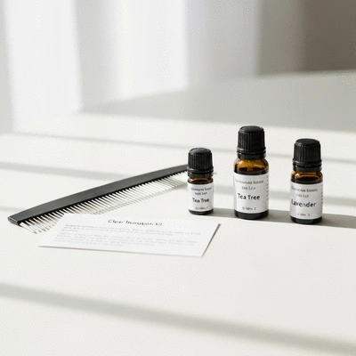 A neatly organized lice prevention kit with a fine-toothed comb, small bottles of essential oils, and clear instructions, no text, no words, no typography, clean image