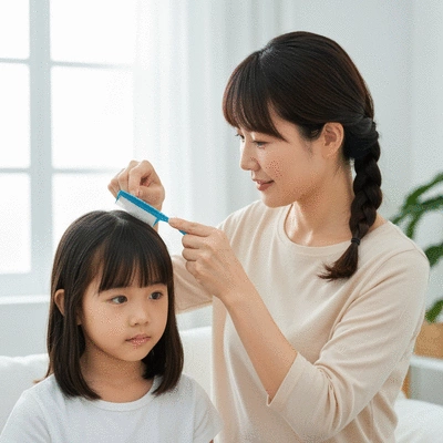Parent checking child's hair for lice with a comb