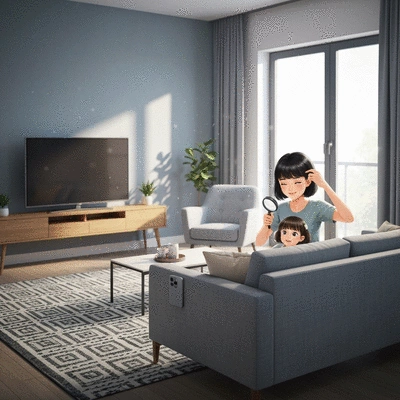 Family, including a parent and child, happily checking hair for lice, in a clean, well-lit home environment