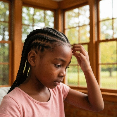 Child scratching head with visible nits in hair, clean environment, no text, no words, no typography, 8K